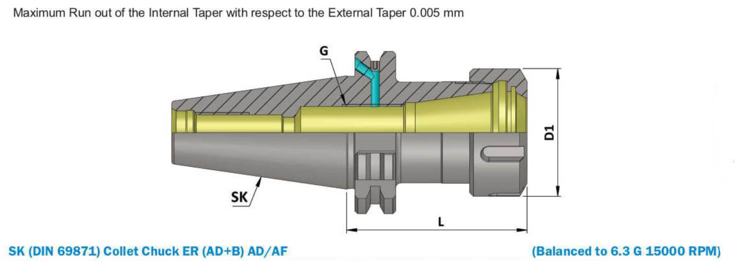 SK50 ER16 100 ER Collet Chuck (AD+B) (Balanced to G6.3 15000 RPM) (DIN 6499)